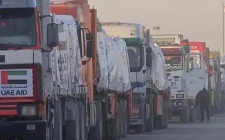 وصول 20 شاحنة مساعدات إماراتية لدعم قطاع غزة عبر معبر كرم أبو سالم