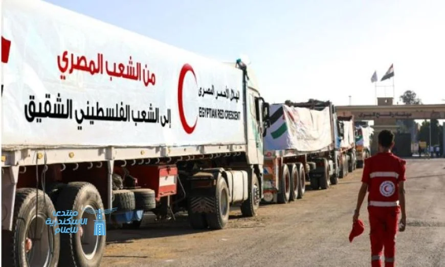 الهلال الأحمر المصري يرسل القافلة السادسة عشر من زاد العزة محملة بـ2400 طن من المساعدات الغذائية