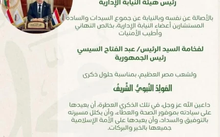 رئيس النيابة الإدارية يهنئ الرئيس السيسي والشعب المصري احتفالاً بالمولد النبوي الشريف