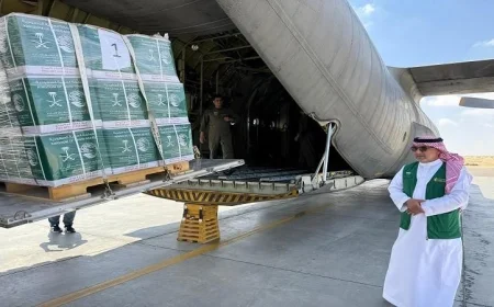 تعزيز الدعم الإنساني للفلسطينيين : طائرة سعودية تصل مطار العريش محملة بالمساعدات لقطاع غزة