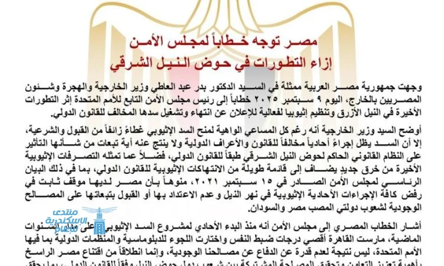 مصر تطلب تدخل مجلس الأمن لمواجهة تحديات حوض النيل الشرقي والسد الإثيوبي