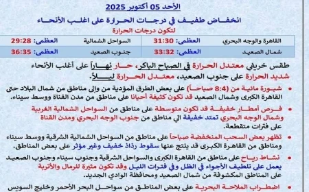 توقعات الأرصاد: انخفاض طفيف في الحرارة غدًا مع نشاط الرياح والعظمى في القاهرة 31 درجة