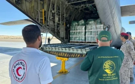 الطائرة الإغاثية السعودية رقم 69 تصل مطار العريش الدولي لدعم قطاع غزة