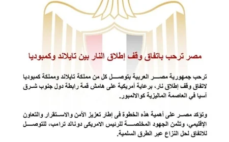 مصر تدعم اتفاق وقف إطلاق النار التاريخي بين تايلاند وكمبوديا