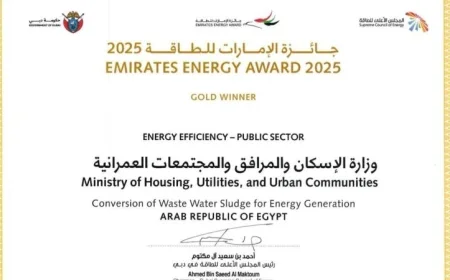 الإسكان تحقق إنجازًا جديدًا بفوزها بجائزة الإمارات للطاقة لمشروع تحويل الحمأة إلى طاقة في الإسكندرية