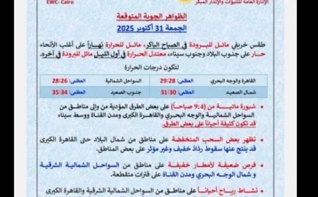 الأرصاد الجوية تكشف عن طقس الجمعة الخريفي المائل للبرودة مع عظمى 29 درجة في القاهرة