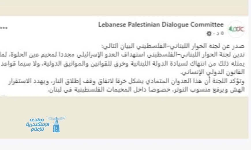 لجنة الحوار اللبناني الفلسطيني تؤكد أن استهداف مخيم عين الحلوة يعد انتهاكاً لسيادة لبنان